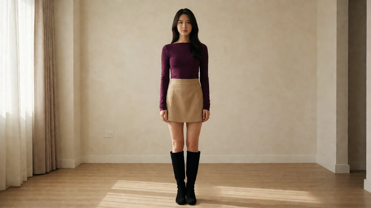 寻欢阁制服风主题图,成年女性穿紫色上衣、米色短裙和黑色长靴,站在简洁室内