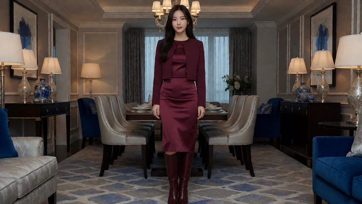寻欢阁首页角色主题图,成年女性穿酒红色连衣裙与短外套,站在暖光餐厅中央